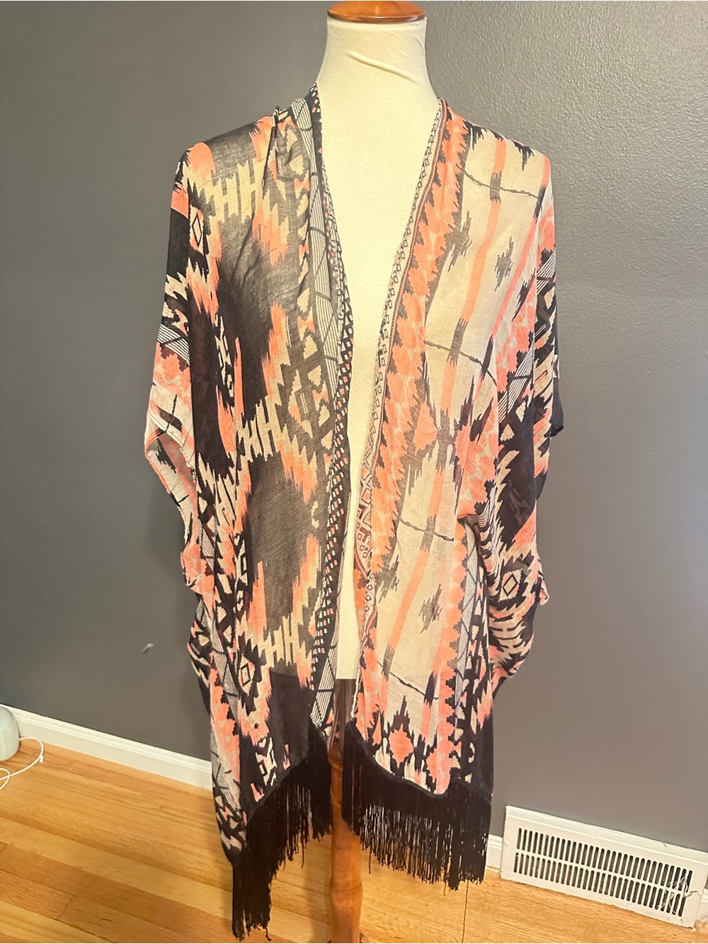 Pink Black Beige Aztec Kimono Ruana Fringe Boho One Size Long Duster